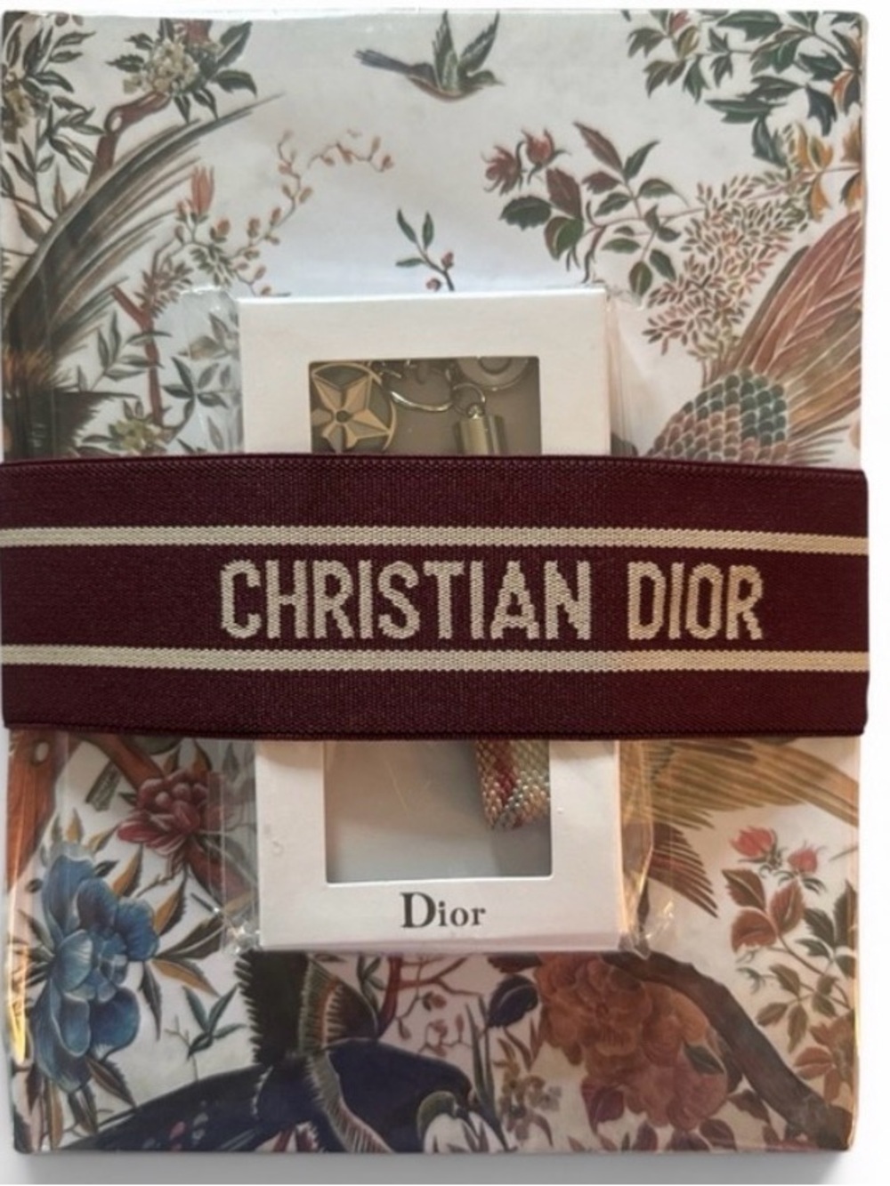 Dior Floral Hardcover Notebook with Burgundy Elastic Band/Dior keychain